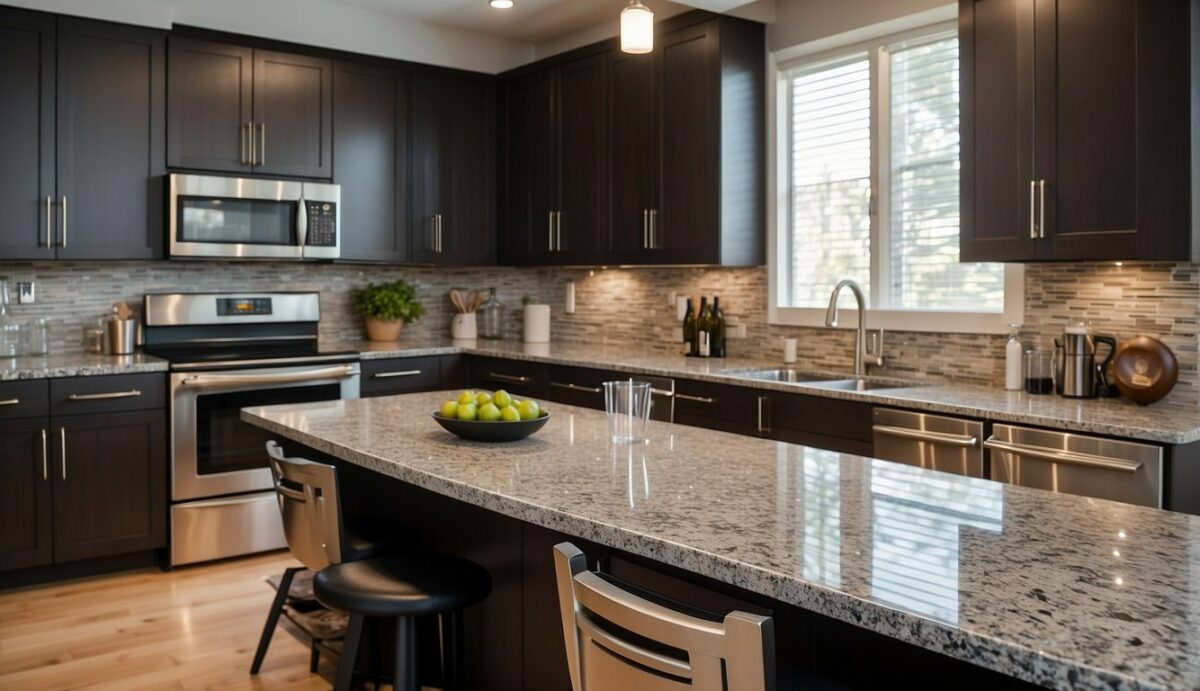 Recently remodeled kitchen with granite countertop island.
